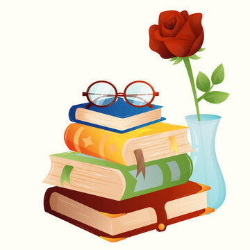 A stack of four bright multi-colored books with bookmarks without inscriptions and drawings, with red round glasses on top and a red rose in a vase. Greeting square postcard for World Book Day 