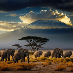 A herd of elephants grazing at the foot of Mount Kilimanjaro, with a dramatic sky. created with Generative AI technology