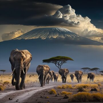 A herd of elephants grazing at the foot of Mount Kilimanjaro, with a dramatic sky. created with Generative AI technology