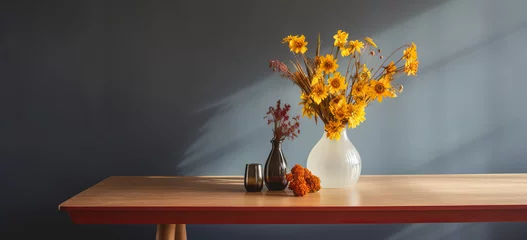 Fotobehang Mesa moderna contra pared brillante, minimalista, simple jarrón de flores, moderno, espacio para copiar, creado con ai © Enrique