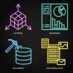 Data mining and management neon icon set