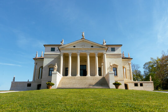 Vicenza, Italy - 10 April 2023: Facade and exterior of Villa La Rotonda or Almerico Capra Valmarana desigend by Andrea Palladio renaissance Italian architecture