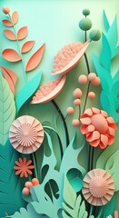 Beautiful papercraft landscap of mountain and Flowers origami style background, Generative AI