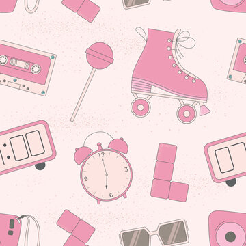 Vector seamless pattern with pink cute retro roller skates, sweet, watch, retro alarm