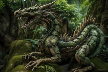 Fototapeta premium Ancient Forest Dragon Covered With Green Plants, Made Using Generative Ai