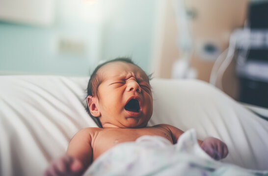 Newborn baby lying in the hospital and crying. Healthcare and childbirth concept. Generative ai