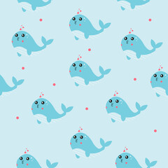 Seamless pattern with cute whale. Vector illustration in a flat style	
