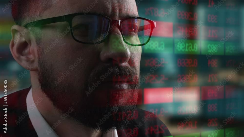 Poster trader is working with computer. screen with stock charts and data analysis. broker trading online. 