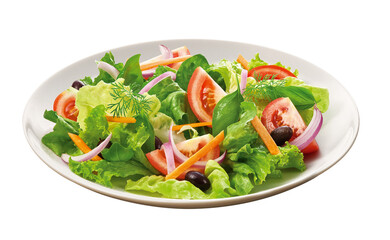 Prato com salada de alface, rúcula, tomate, cebola, cenoura ralada e azeitonas pretas em fundo transparente