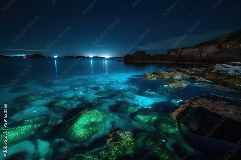 Poster a body of water that has some rocks in it and some lights in the sky above it and some rocks in the 