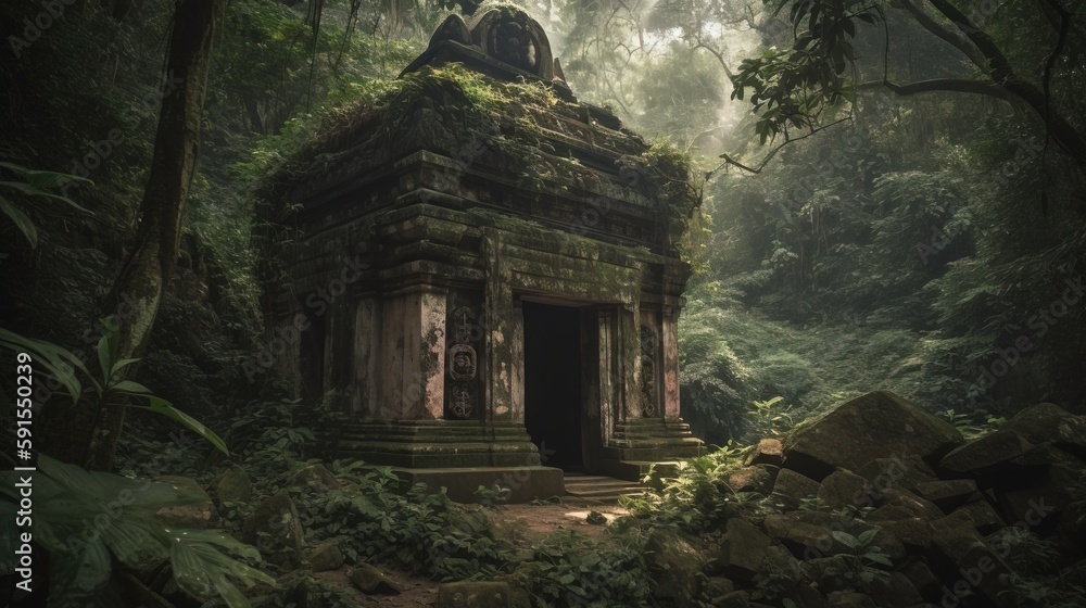 Poster a small building in the middle of a forest with a statue on it's roof and a lot of trees around it a