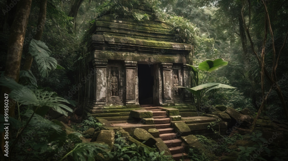 Poster a stone structure in the middle of a jungle with steps leading up to the entrance to the building in