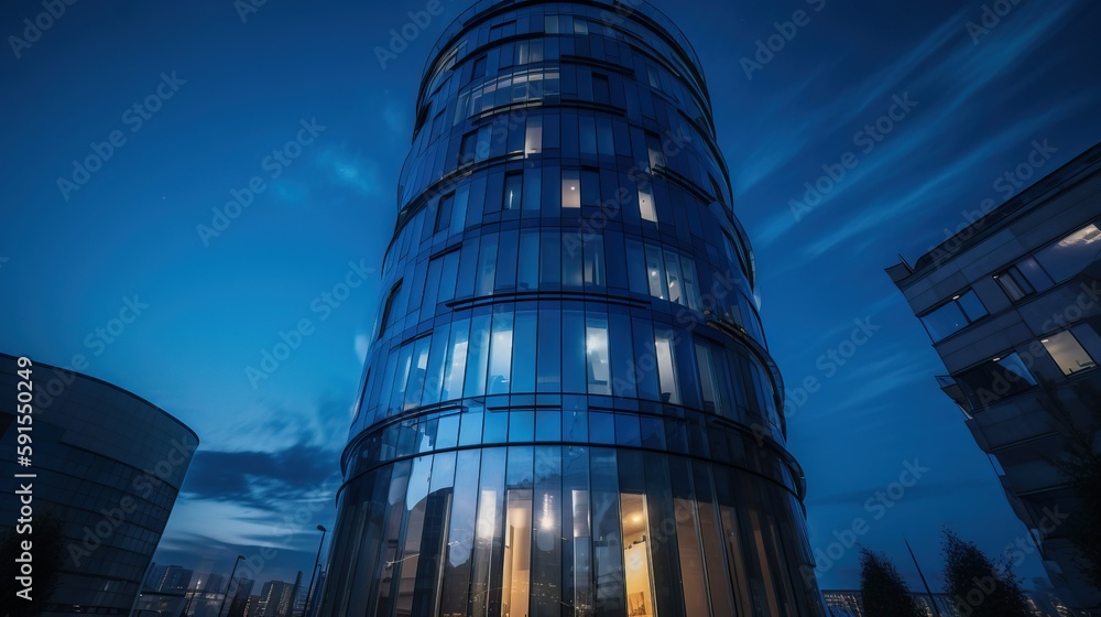 Aufkleber a very tall building with a lot of windows on it's side at night time with a blue sky in the backgro
