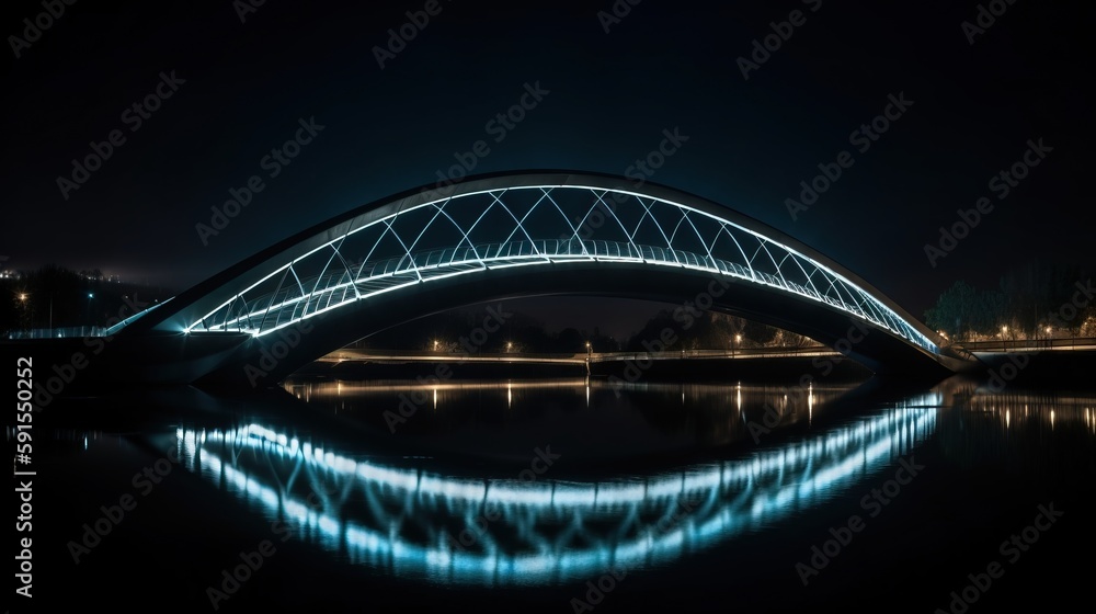 Poster a lit up bridge over a body of water with a reflection of the bridge in the water at night time with