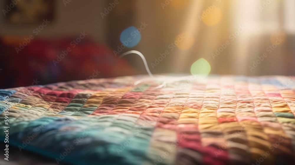 Poster a bed with a colorful quilt on it and a light coming from the window behind it and a bed with a colo