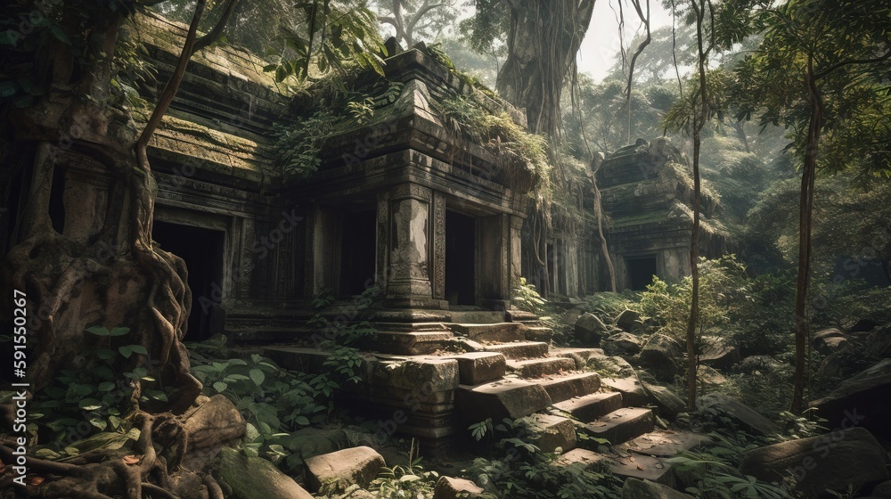 Poster a jungle scene with steps leading to a building in the middle of the jungle with a tree growing over