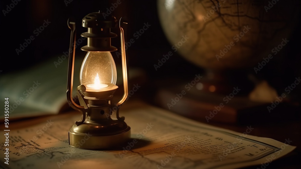 Poster a lit lantern sitting on top of a book on top of a table next to a globe and a pen and paper on top 
