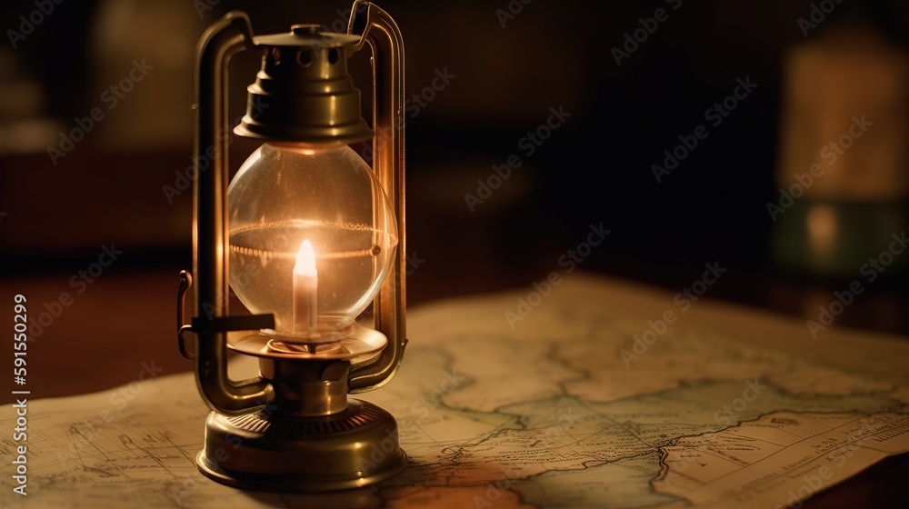 Poster a light bulb sitting on top of a map with a candle in the middle of the picture and a candle in the 