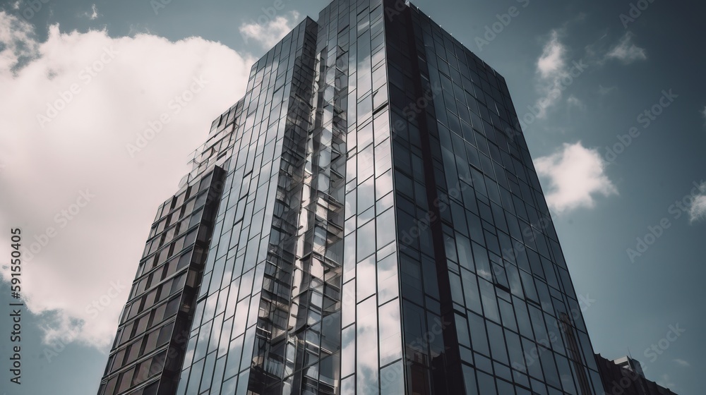 Poster a very tall building with many windows on it's sides and a sky background with clouds in the sky beh