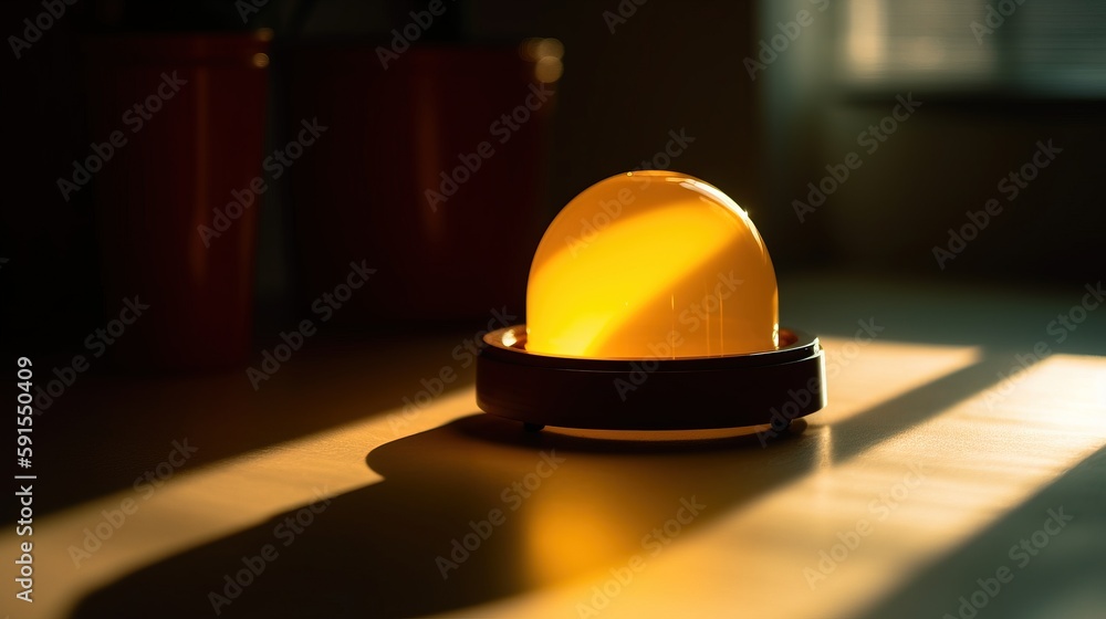 Poster a yellow object sitting on top of a table next to a cup and a vase on a table with a shadow on the f