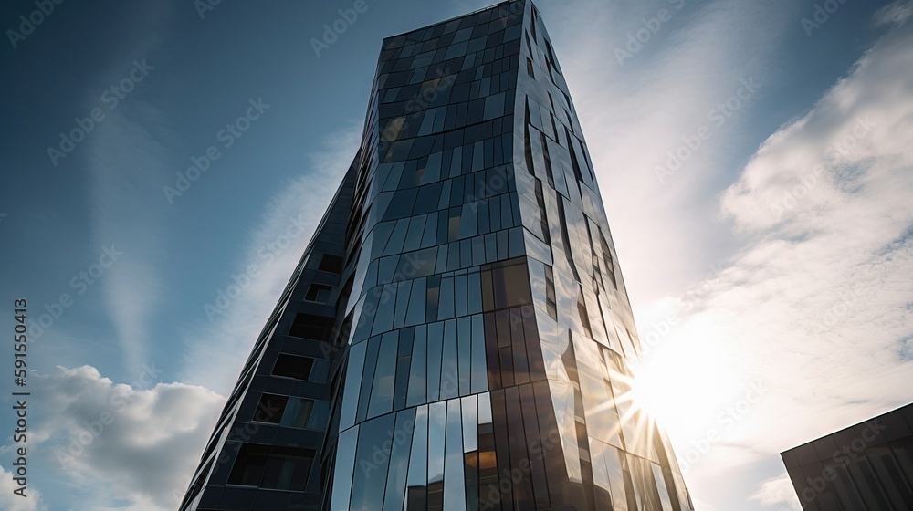 Poster a very tall building with a lot of windows on it's side and the sun shining through the clouds in th