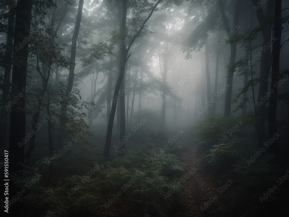 Poster a foggy forest filled with lots of trees and bushes with a trail in the middle of the woods with a t