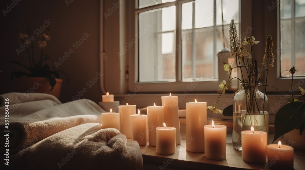 Poster a bunch of lit candles sitting on a table next to a vase with flowers and a window sill with a vase 