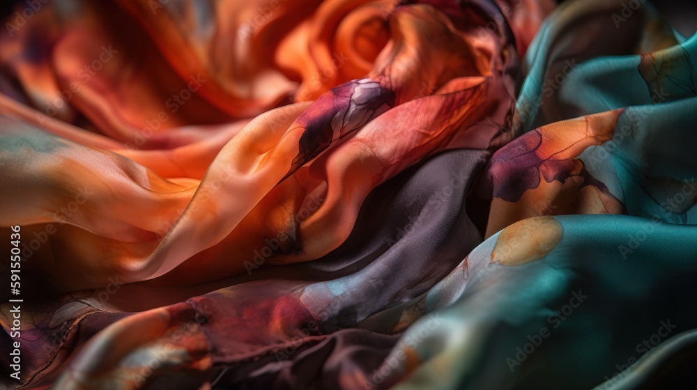 Poster a close up of a scarf with a colorful design on the top and bottom of the scarf is multicolored and 
