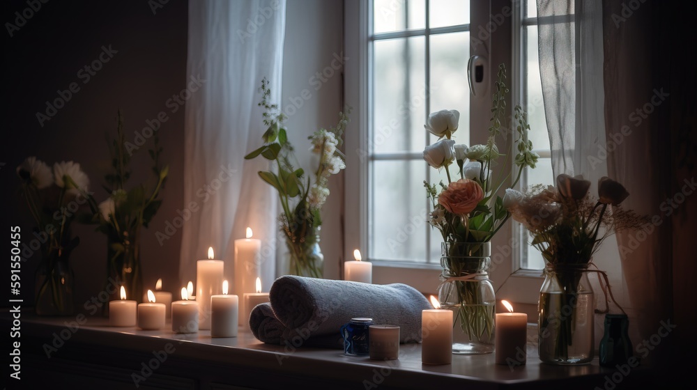 Poster  a window sill with candles and flowers in vases and towels on the window sill, and a rolled up towel on the window sill.  generative ai
