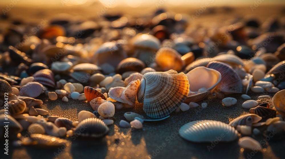 Aufkleber a close up of a bunch of shells on a beach with the sun shining in the distance behind them and a bl