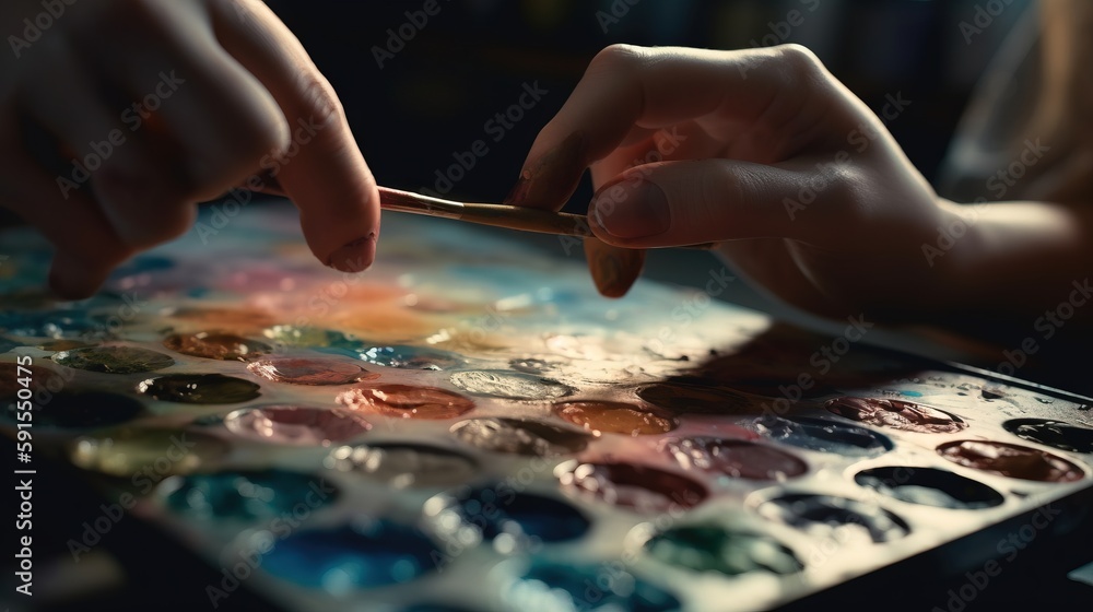 Poster a person is painting on a canvas with a paintbrush and a palette of watercolors on a table with a bo