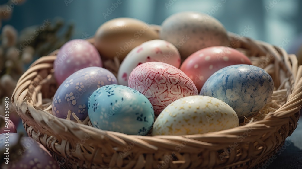 Poster a basket filled with lots of different colored eggs on top of a table next to a plant and a vase wit