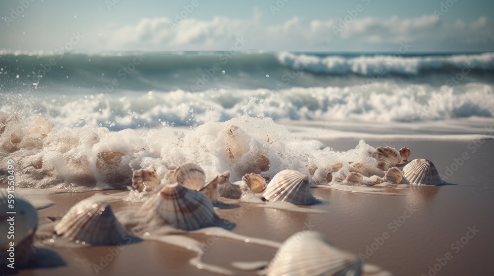 Poster a bunch of seashells on a beach with a wave crashing in the background and a blue sky with clouds in