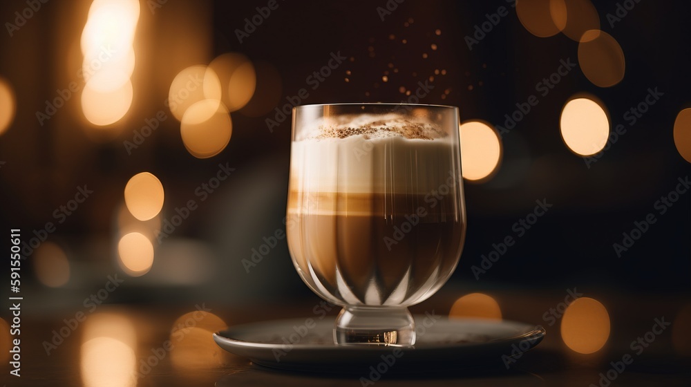 Aufkleber a cup of coffee with a spoon on a table with lights in the background and a plate with a spoon on it