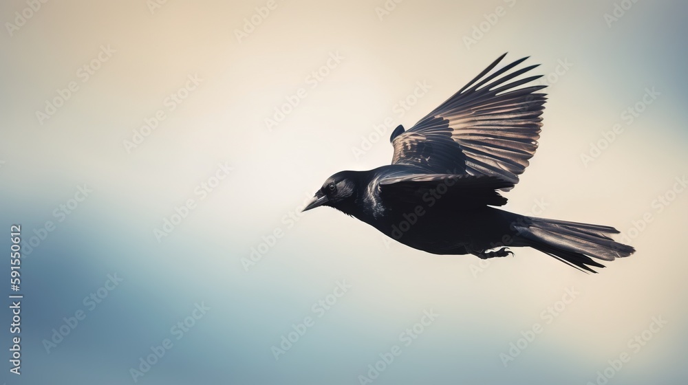 Poster a black bird flying in the sky with its wings spread out and it's head turned to the side with its w