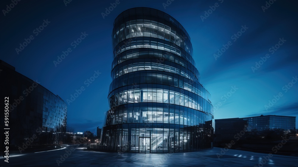 Aufkleber a very tall building with a lot of windows on it's side at night time with a blue sky in the backgro