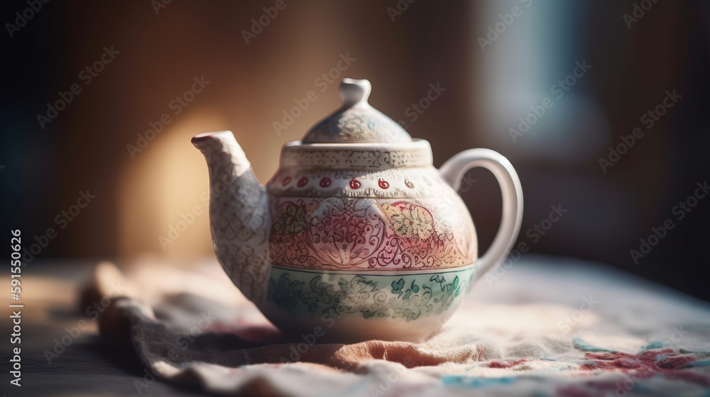 Poster a tea pot with a teapot shaped like a bird on top of a tablecloth with a flowered design on the top 