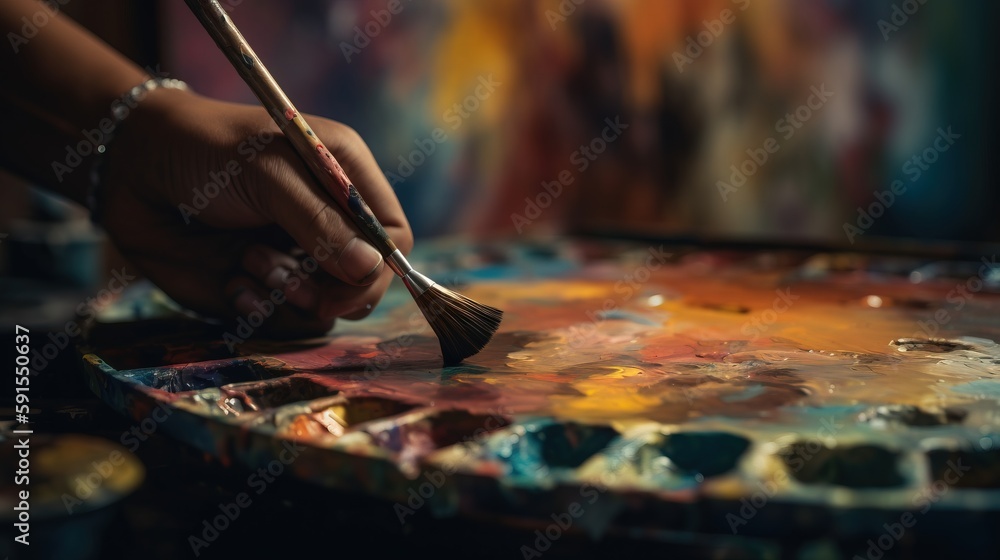 Poster a person holding a paintbrush and painting on a palette with a palette in front of them and a large 