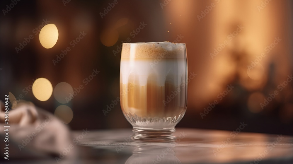 Poster a close up of a drink on a table with a blurry light in the background of the image and a cloth on t