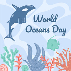 Square background for world oceans day with killer whale illustration.