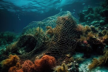 Fototapeta premium Discarded Fishing Net In Coral Reef. Generative AI