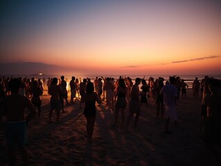 Beach party in the evening, people having fun