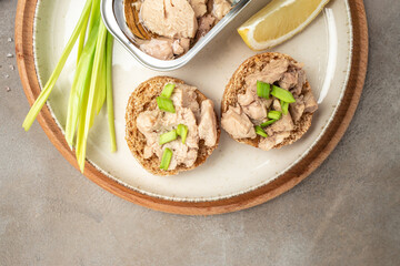 Cod liver fresh seafood healthy meal food. Sandwich with cod liver on rye bread. Health care concept. Natural source of omega 3