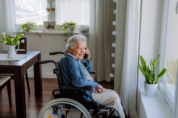 Portrait of senior woman on wheelchair with smartphone.