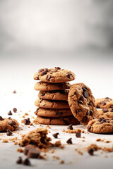 Chocolate chip cookies food advertising white background, Generative AI