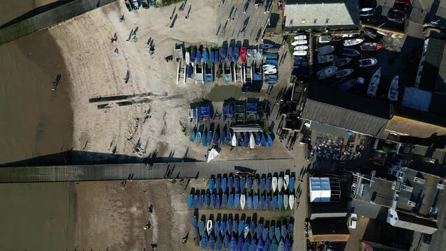High bird eye view of boats on Whitstable Beach