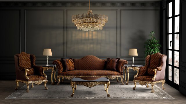 Naklejki 3D rendering of classic living room interior. classic furniture set