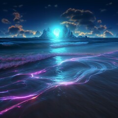 Mystic Cove transports viewers to an ethereal beach scene where mesmerizing light patterns stretch across the vast ocean. Light-Magenta Sky-Blue Radiant-White Deep-Ocean-Blue. AI Generated