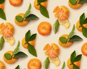 Ripe fresh orange yellow tangerines with green leaves, whole and peeled on beige background, trendy pattern. Citrus fruits mandarins, still life aesthetic photo, creative layout, vegan food