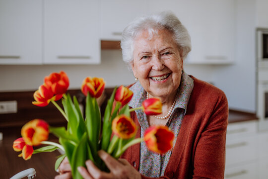 Portrait of senior woman with bouquet of tulips. - Powered by Adobe